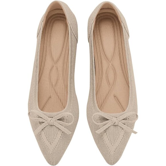 Shoes - 🆕Women Beige Knit Flats Pointed Toe Bow Ballet Shoes Comfortable Dressy Slip On